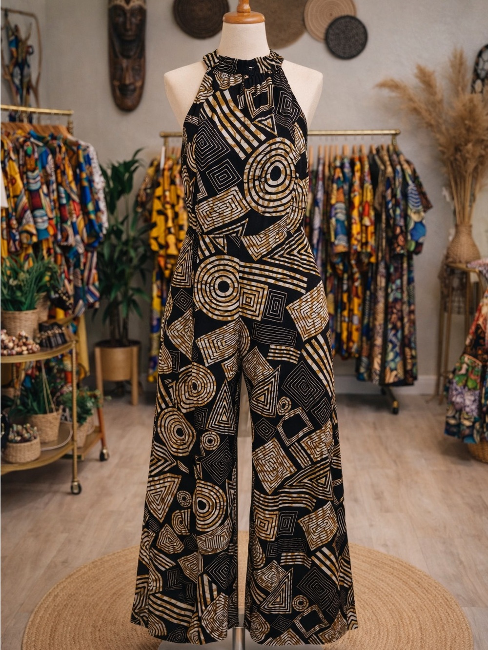 Women’s Faeriesty Black Geometric Print Jumpsuit, Size 2XL